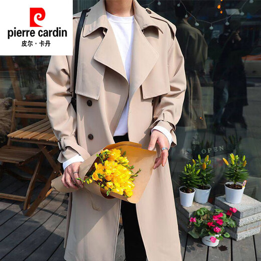 皮尔卡丹（pierre cardin）新款风衣男中长款韩版春秋季潮流宽松过膝大衣英伦风外套男2024 浅棕色【复合】 加厚 XL