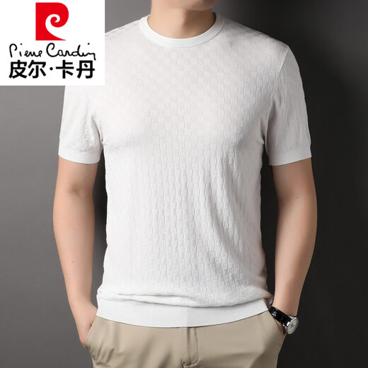Pierre Cardin mulberry silk checkerboard sweater new short-sleeved T-shirt men's half-sleeved summer round neck ice solid color trendy men's wear white YY-1391 L