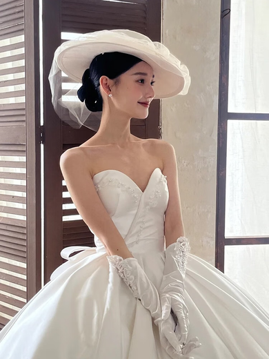 CLCEY婚纱手套新娘礼服缎面法式复古蕾丝手袖白色长款结婚袖子遮手臂套 白芙绸缎手套约40cm