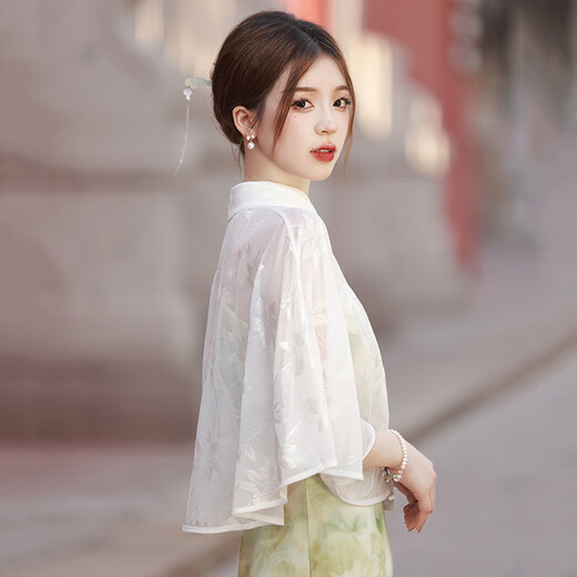 芳嫔旗袍外搭开衫女士外披针织披肩短外套复古文艺百搭搭配穿搭款春夏 16961米白披肩均码