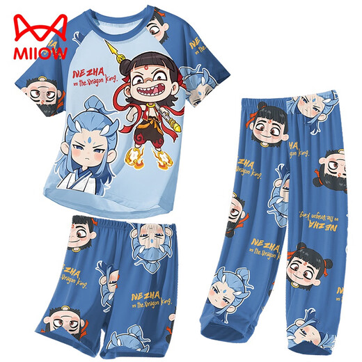 猫人（MiiOW）儿童睡衣小男孩莫代尔薄款夏季男童中大童三件套家居服哪吒春夏天 1M--ST-12353 M 12码(120-130)c