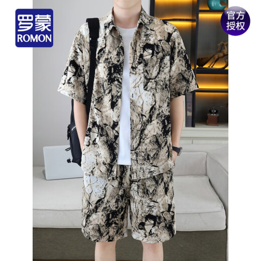 Romon (Romon) Camisa hermosa, traje de seda de hielo de verano masculino, camisa floral de alta gama, mangas cortas, pantalones cortos, set de dos piezas de playa 679 Traje blanco M 110Jin [Jin iguala 0.5 kg]