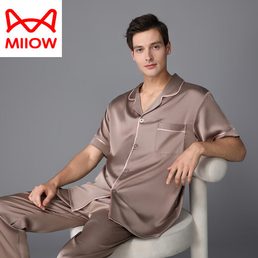 Catman (Miiow) Pyjamas Herren Sommerseide Dünne kurzärmelige Hose Frühling und Herbst Hauskleidung Seide Europa und Amerika 2025 Neuer Stil Schwarz grau 3899 l (Gewicht 100-130 Jin [Jin entspricht 0,5 kg])