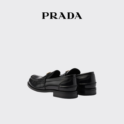 PRADA/Prada Gift Men's Metal Logo Decorated Glossy Calf Leather Loafers Black 40.5 (6.5)