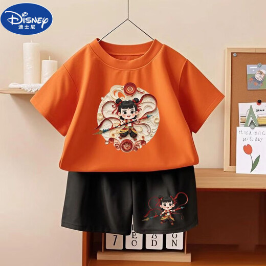Disney Cotton Kurzärmel-Shorts Kinderanzug Nezha 2025 Sommer neuer Stil Herren- und Mädchen Sommer-T-Shirts mittel- und großer Kinderkleidung 1092# Ruck Pack T Wine Red + 1098# Black Shorts 100