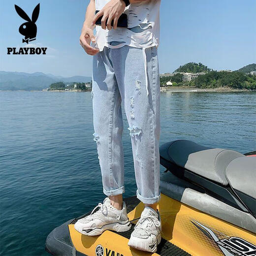 花花公子（PLAYBOY）裤子男学生韩版潮流破洞牛仔裤男宽松直筒夏季薄款九分裤秋季男裤 679/破洞款c M 【收藏优先发货】