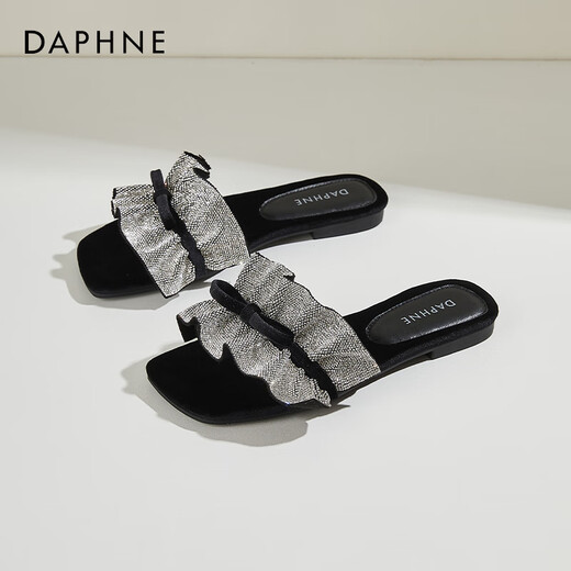 达芙妮（DAPHNE）平底法式晚风凉拖鞋女夏季外穿海边配裙子露趾一字拖女 黑色  38 