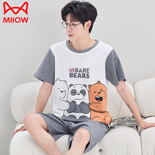 猫人（MiiOW）男士睡衣夏季纯.棉短袖短裤套装薄款韩版休闲大学生卡通家居服男 Q短袖男1396小白 M 少年(60-78斤)