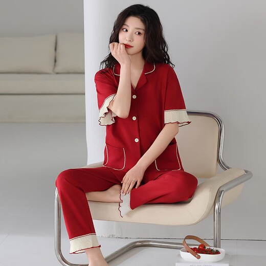 浪莎（LangSha）结婚情侣睡衣一男一女夏季薄款纯棉短袖红色喜庆可外穿家居服套装 866+766 L 女+男款L