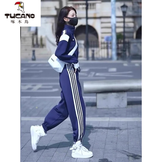 Woodpecker sports suit for women Spring and Autumn 2025 new style street-fried leisure sports two-piece set fashionable and fashionable, age-reducing Tibetan blue regular style [723] L [recommended 110-120Jin [Jin equals 0.5 kg]]