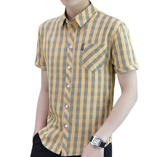 Hualin Fashion Summer Striped Kurzärmel-Hemd Koreaner lässig und vielseitig gutaussehend halbärmelig Hemd Unterwäsche 844 Khaki XL 120-135 Jin [Jin ist gleich 0,5 kg] tragen