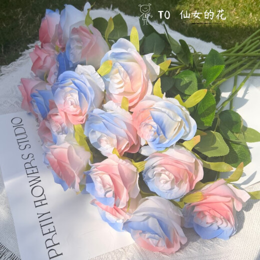 黎秋科ins假玫瑰花仿真花束摆件插花拍照高颜值diy礼物碎冰蓝客厅装饰花 [混搭联系客服备注] [9896%仙女选择-12支]