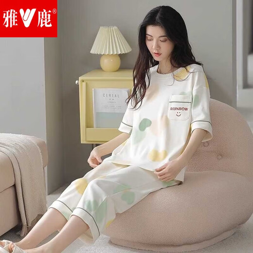 雅鹿2025睡衣女士夏季纯色棉短袖七分裤可外穿甜美休闲棉家居服 9855短裤 M  建议75-90斤穿B