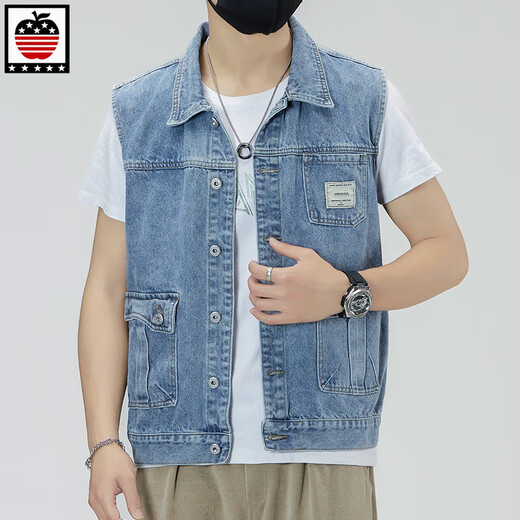 
AEMAPE Apple Spring and Summer New Working Denim Vest Men's Japanese Trendy Brand Loose Light Color Large Size Sleeveless Vest Jacket 6232# Light Blue M (Suggested 115-130Jin [Jin equals 0.5 kg])