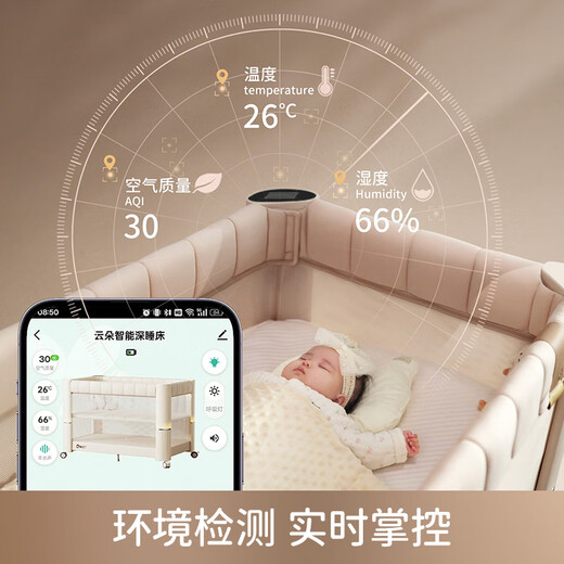 Cool Douding Deep Sleeping Crib pliant épissage grand lit pour bébé lit nouveau-né pour bébé lit intelligent lit bébé lit + moustique net + panier de rangement + matelas en fibre + appareil photo