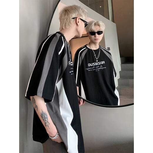 T-shirt shannu à manches courtes pour hommes pour hommes coton pur coton américain marque de mode High Street Pixie à rayures à rayures en vrac à demi-manche y135-1 noir xl