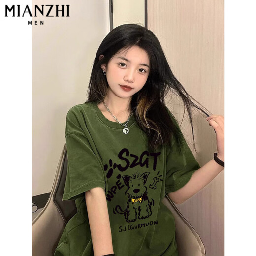 棉致美式复古绿色卡通小狗短袖t恤女夏季新款国潮牌半袖纯棉小众上衣 B15664白色【高品质18.5】 L 105-125斤