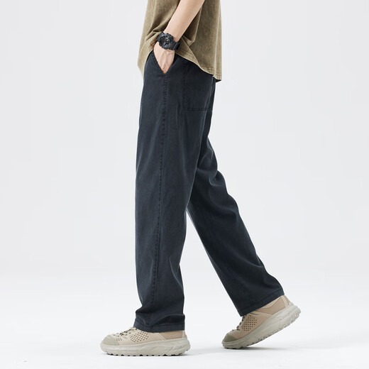 
Queli Tiansi denim casual pants for men's summer thin loose straight pants for men's drooping ice silk trousers new men's pants TMYC-1048-Black XL