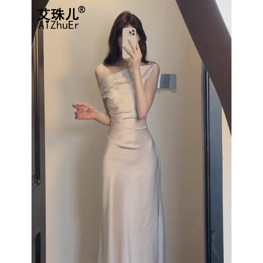 Aizhuer Temperamento francés Flote de alta gama Dress Dress-Hoister Pack Hip Acetate Satin Vestido de banquete de mujer Beige S BEIGE