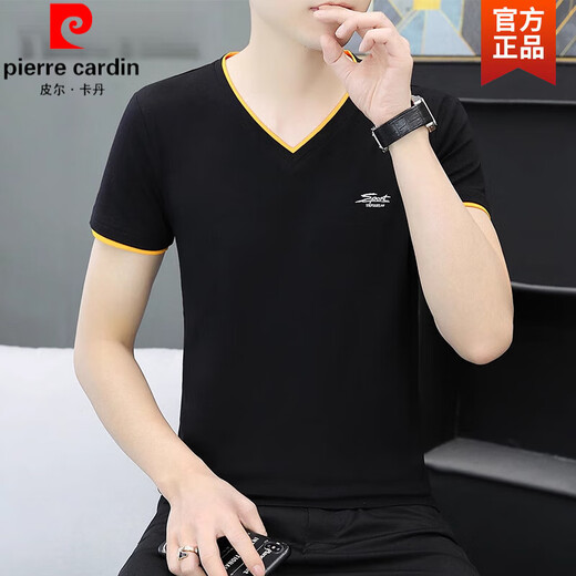 皮尔卡丹（pierre cardin）新款新疆纯棉男士短袖t恤衫打底衫V领体恤潮流半袖夏装上衣服针织 QY691深灰 XL 建 议：115至130斤