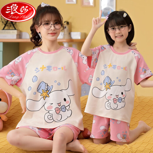 浪莎（LangSha）亲子母女睡衣纯棉夏季薄款短袖可爱卡通网红小女孩女童家居服套装 6624【纯棉 单套的】 M 14码125-135c60斤左右