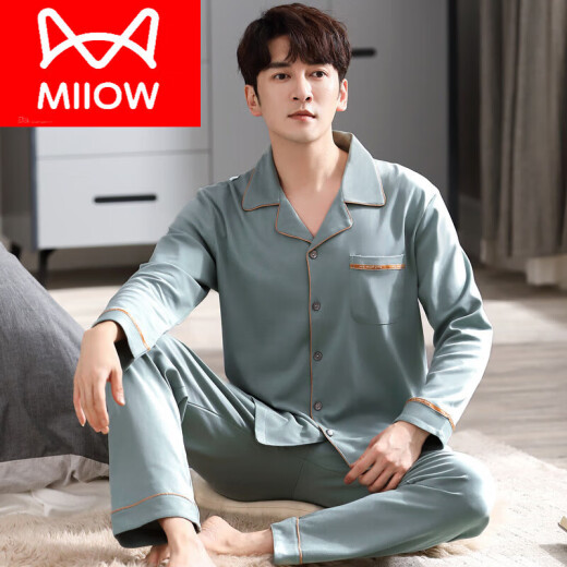 猫人（MiiOW）男士睡衣春秋季长袖纯棉青年加大码可外穿中年爸爸秋款家居服套装 Y6621 L 105 130斤