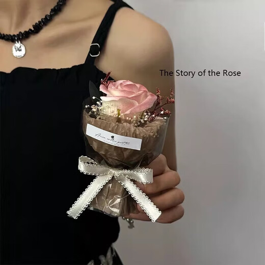迷你口袋见面小花束玫瑰向日葵永生花仿真花伴手礼生日女神节礼物 小花束-棕色+紫玫瑰 1支