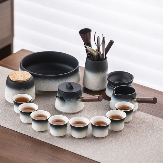XMSJ轻奢粗陶功夫茶具套装家用泡茶器办公会客盖碗茶壶侧把壶茶 12023山海盖碗+提梁8杯组合