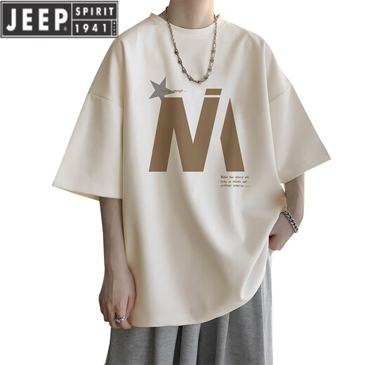 JEEP SPIRIT杏色短袖t恤男士夏季薄款潮牌宽松休闲半袖男生圆领五分T恤衣服 5012杏色 M 90-110斤可穿