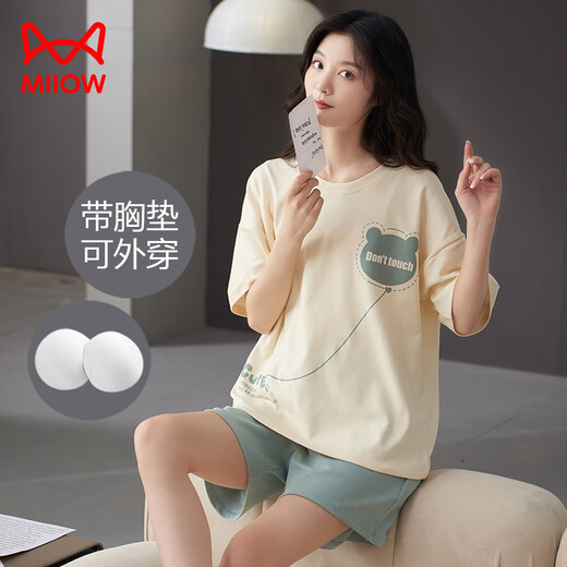 猫人（MiiOW）睡衣女夏季带胸垫甜美可爱短裤可外穿短袖2025新款纯棉套装家居服 Z6210 M
