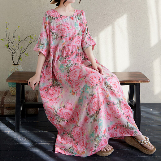 Jiandang grande taille Vêtements féminins Fat MM printemps et été ronde ronde Impression littéraire de style bohème robe longue robe longue 16836 rose unique [200jin [Jin est égal à 0,5 kg] ci-dessous]