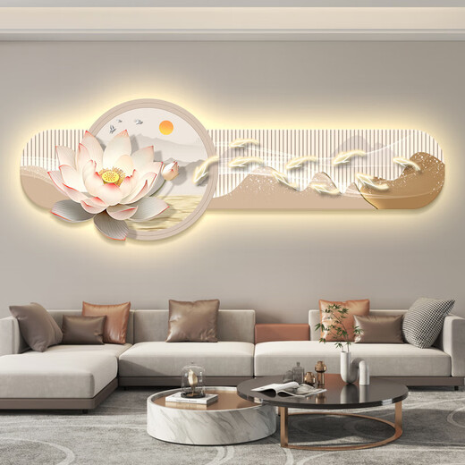界同九鱼图led带灯客厅装饰画沙发背景墙挂画壁画简约现代感荷花 KX-6189 80*240【充电宝+遥控】
