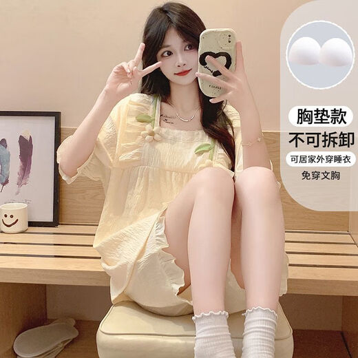 崽白2024新款睡衣女夏季带胸垫甜美可爱花朵宽松薄款家居服套装可外穿 jw-3881#粉色固定胸垫 2XL