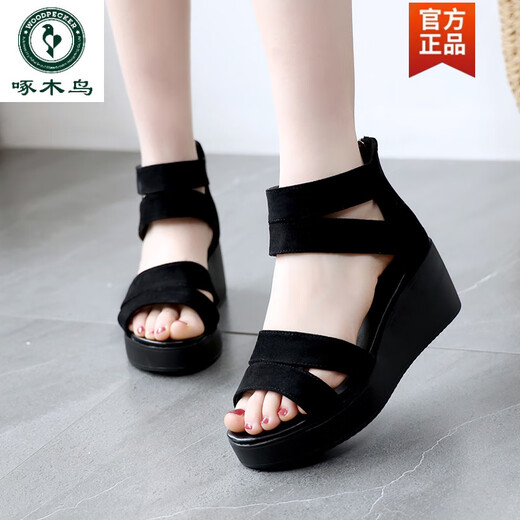 Specht Sommer vielseitige Sandalen für Frauen, Keilhöhlen-Römische Schuhe, nicht rutschende dicke Fischmundschuhe, Frauen mit mittlerer Absätze mit atmungsaktiven kalten Stiefeln, schwarz 34