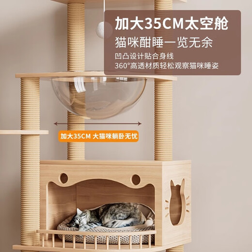 DUTRIEUX Marco de escalada para gatos de madera maciza, nido para gatos, árbol para gatos, estante para gatos, columna tongtian, cápsula espacial grande para el hogar, pequeña, especial para dormir y jugar, tablero de madera maciza 9234, recomendado para múltiples gatos + columna de madera maciza de cáñamo blanco