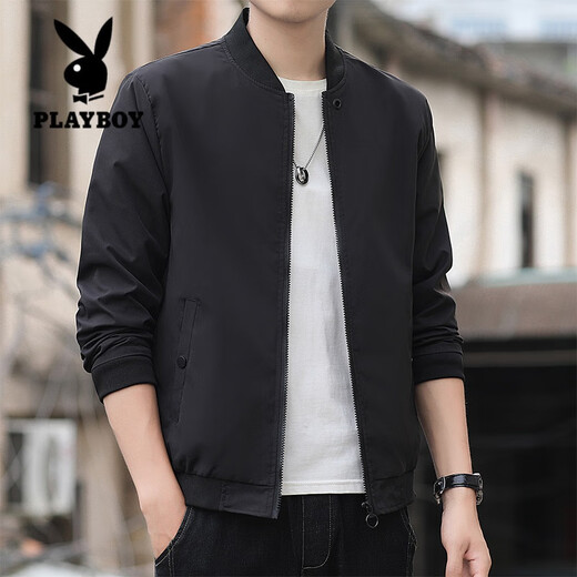 花花公子（PLAYBOY）男士夹克春秋季新款短款棒球服纯色百搭修身韩版夹克青年薄款上衣 K12109黑色 M