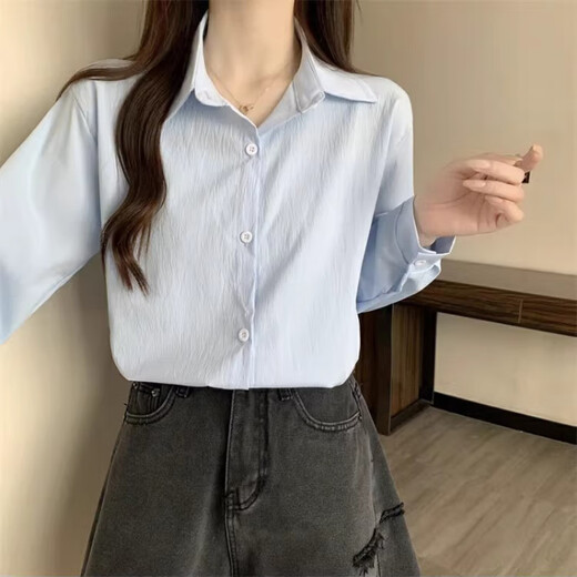 Miao Yijia long-sleeved shirt women's blue shirt women's 2025 spring new style foreign style light luxury high-end casual jacket commuting style solid color Korean style loose lapel shirt light blue one size fits all recommended 120Jin Jin equals 0.5 kg within
