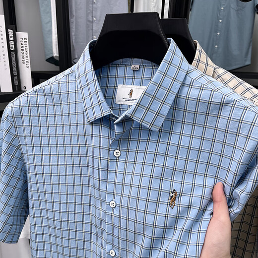 Old man head (LAORENTOU) pure cotton summer new men's short-sleeved shirt business casual plaid half-sleeved men's top shirt middle-aged and young AN15271 khaki 2XL