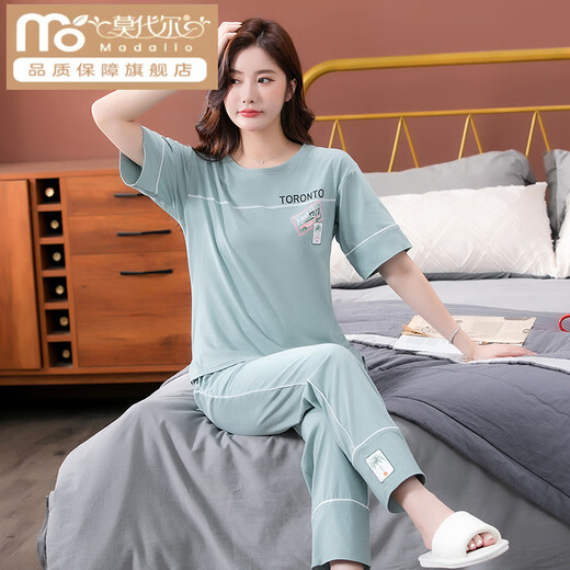 莫代尔睡衣女夏季棉质2025年新款短袖长裤家居服套装可外穿薄款棉质套装 7374豆绿 M 80-100斤
