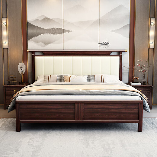 
Laisda new Chinese style black gold solid wood bed master bedroom 1.8 meters double high-end light luxury wedding bed YF9904 1.8 high box + pad
