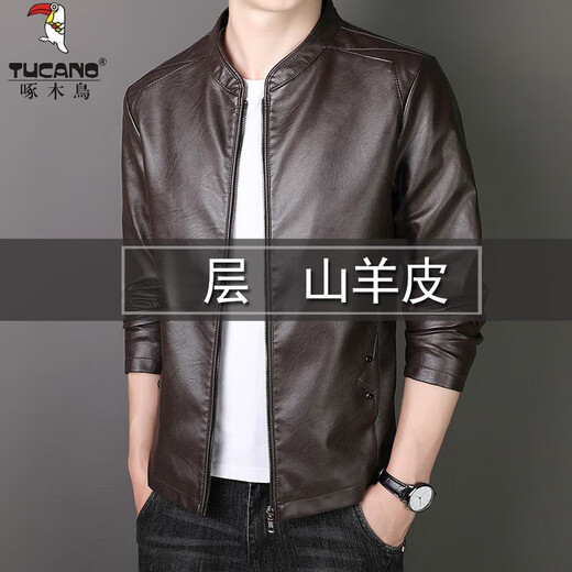 Woodpecker (TUCANO) men's brand high-end official 2025 new Haining genuine leather jacket men's slim-fit stand-up collar goatskin jacket casual pure black strong and soft spring and autumn style XL 180 recommended 125-140 Jin Jin equals 0.5 kg