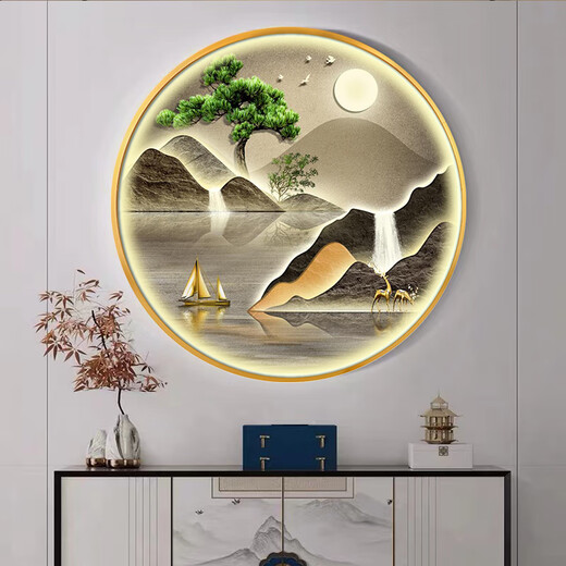 
TURBOSUN Welcome Pine Living Room Decoration Painting TV Sofa Background Wall Welcome Pine New Chinese Style Entrance Entrance Decoration Painting Round TB1391 Diameter 40CM [Aluminum Alloy Picture Frame] + Light Luxury Gold Insert 1
