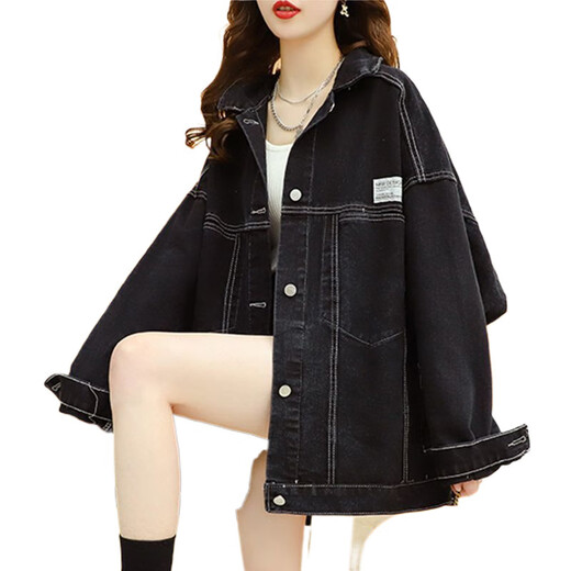 FHHUABD入秋牛仔外套女学生韩版宽松秋季上衣夹克大码女装牛仔衣服春秋款 9926#图片款【黑色】 M 【建议101--115斤】