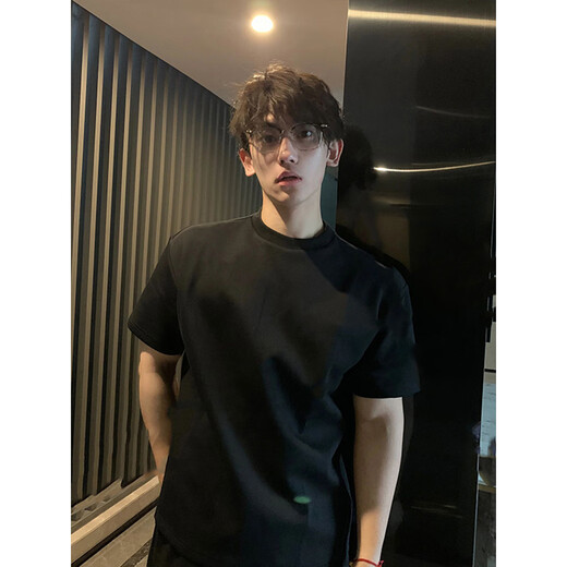 武楠280g重磅美式高街黑色纯棉短袖t恤男cleanfit正肩半袖打底上衣服 黑色 L