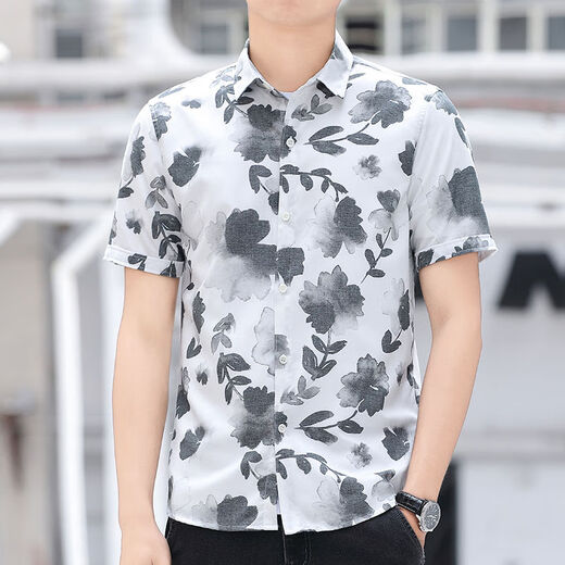 皮尔卡丹（pierre cardin）夏季新款印花短袖衬衫男士潮牌潮流休闲商务衬衣修身帅气男装寸衫 ZY829蓝色 M  【90-105斤】
