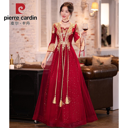 Pier Cardin Toasting Anzug Braut 2025 Neue Sommer Burgund Chinese Langarmed Wedding Engagement Kleid für Frauen Burgund mittelgroß [684] 3xl
