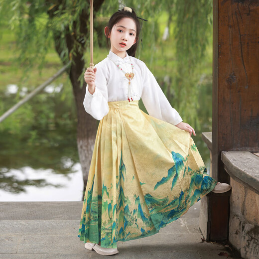 德骊嘉马面裙春天女童2025新款儿童女装汉服春款中秋节改良古装春季长袖 2677月白蓝[马面裙+2662上衣] 110