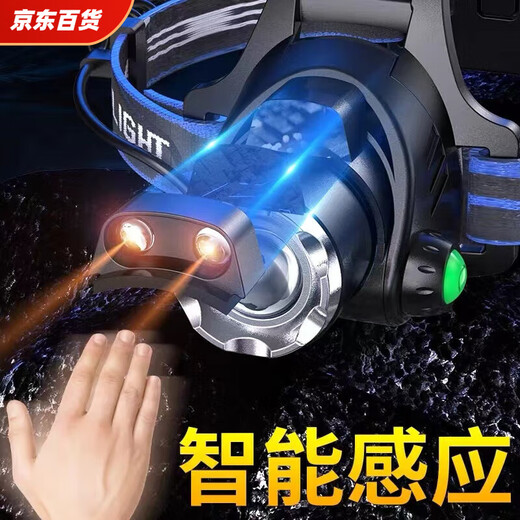 头灯强光超长续航2025公牛超亮充电头戴式户外变焦远射夜钓鱼 无感应9900w 待机续航100小时 内