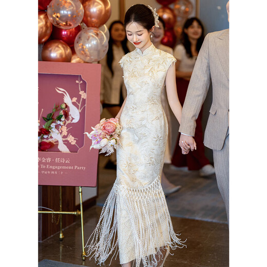 Xiaohanlu engagement dress, light luxury, high-end, elegant and decent cheongsam toasting suit for bride, Chinese backless wedding niche white, white L
