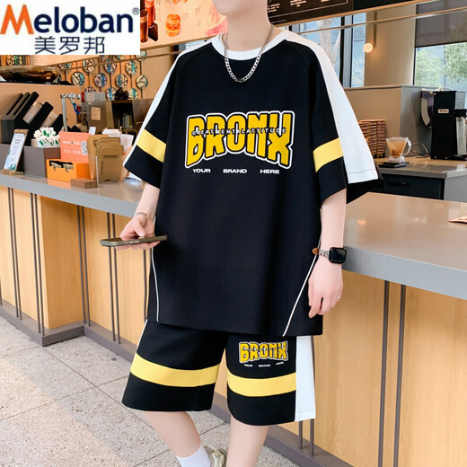 
Meiluobon MELOBAN Summer New Casual Sports Set Boys Hong Kong Style Loose Matching Trendy and Handsome Shorts Shorts Two-Piece Set 687 Black M Reference 80-100Jin [Jin equals 0.5 kg]